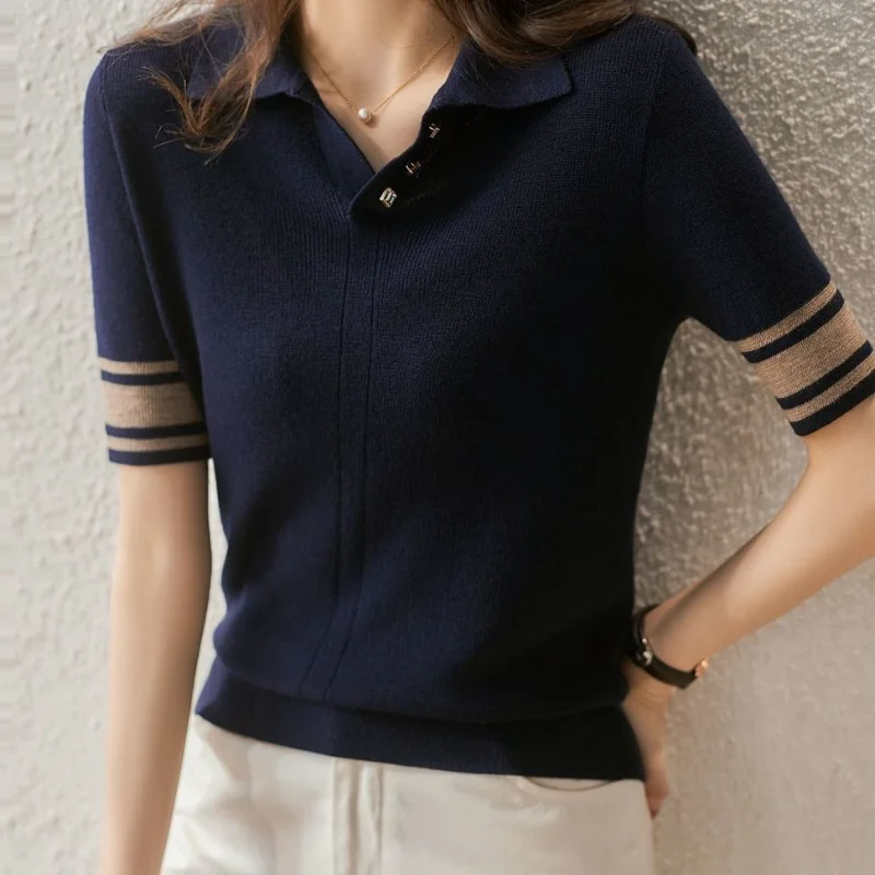 

Women's Summer New Polo Neck Knit Pullover Fashion Sweet Contrast T-shirt Button Panel Comfortable Versatile Short Sleeve Tops