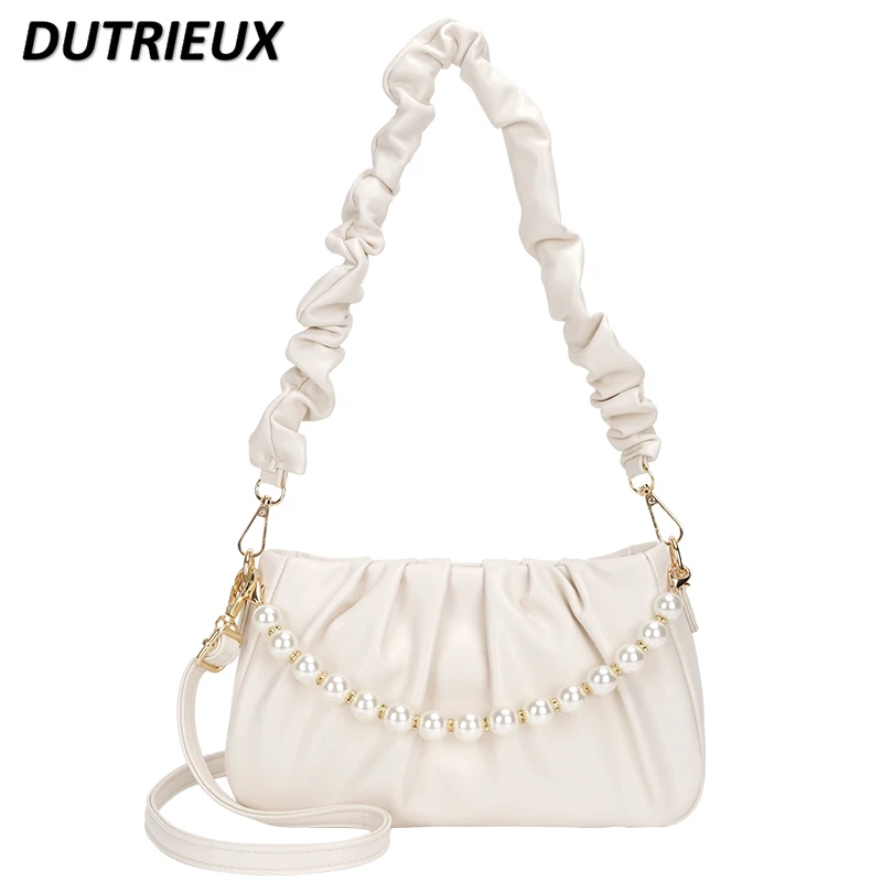 New Spring Summer Girls' Bags Fashion Solid Color Women's Handbags Pearl Chain Elegant Underarm Messenger Bag for Ladies wuta bag chain extender for lv coach bags strap extension purse pearl chain underarm diagonal handbag belt bag accessories