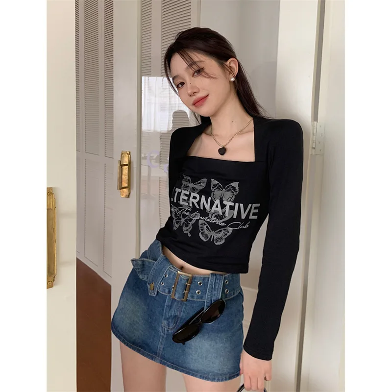 

Women Retro Square Neck Tops Fairy Grunge Graphic Spring T Shirts Vintage Indie Aesthetic Clothes Cyber Y2K Slim Long Sleeve Top