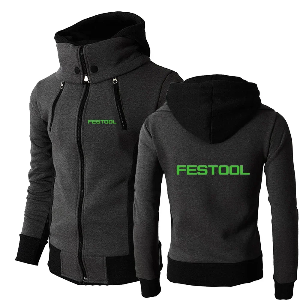 

2024 New Festool Tools Printed Hoodies Sweatshirt Men's Jacket Motorcycle Coat Double Zip Scarf Collar Fleece Windbreaker