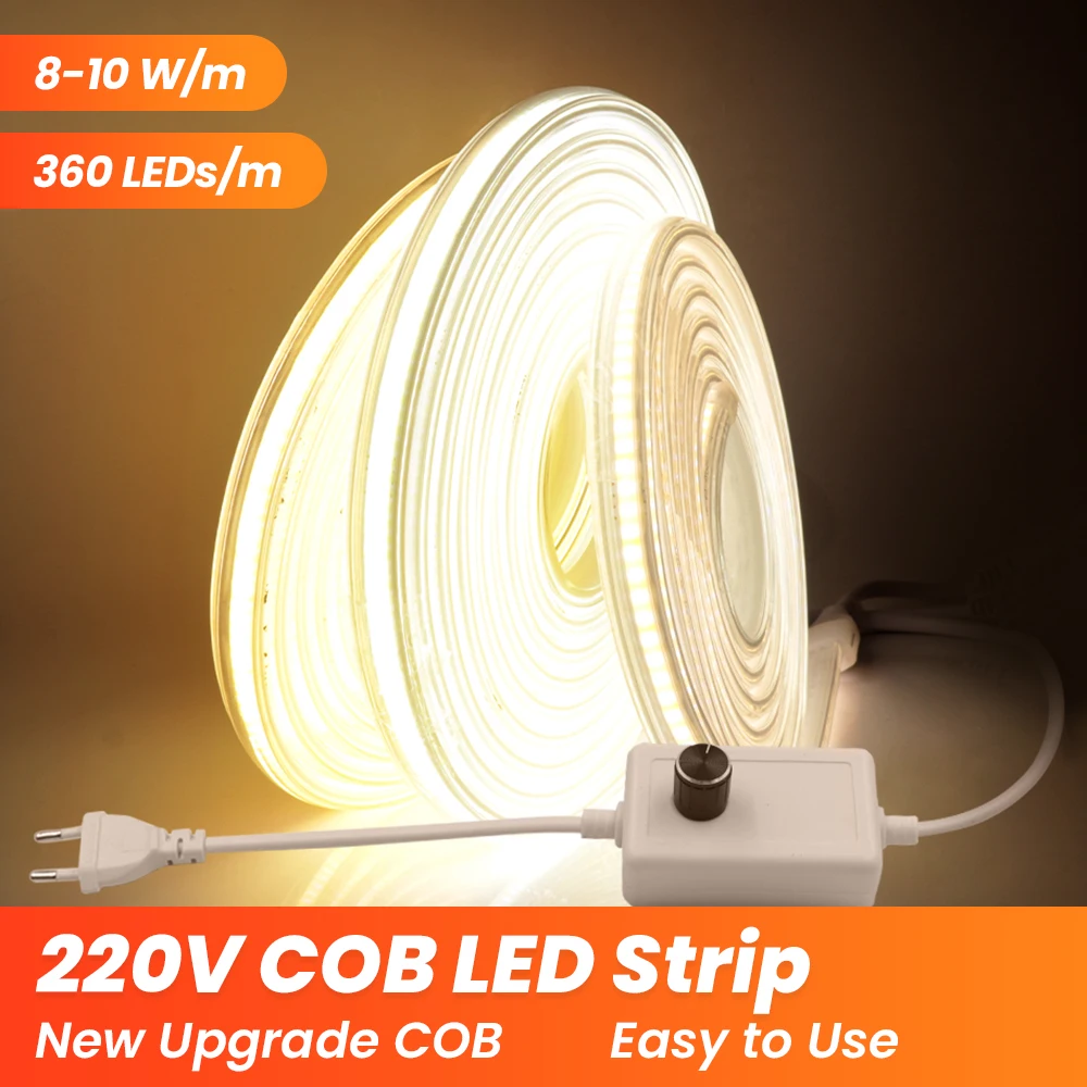 Super Bright 360LEDs/m COB LED Strip with Dimmer EU 220V Waterproof Flexible Led Tape Ribbon Soft COB Light Bar for Room Decor super bright 360leds m cob led strip with dimmer eu 220v waterproof flexible led tape ribbon soft cob light bar for room decor