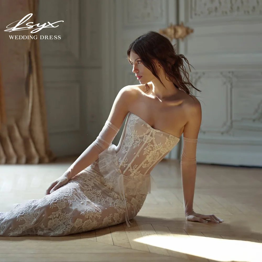 LSYX Strapless Lace Illuison Corset Wedding Dresses Ruffled Peplum Waist Sheer Gloves Mermaid Silhouette Long Train Bridal Gown