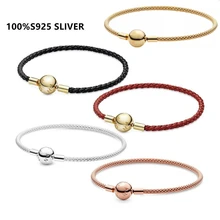 

Original pandoraer charm round mouth leather rope woven Bracelet women's simple S925 Sterling Silver Bracelet DIY basic chain le