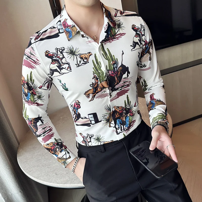 

Fine Men's Advanced Sense of Europe and The United States Fashion Printed Fashionable Shirt Trend Slim Long Sleeve Shirt for Men