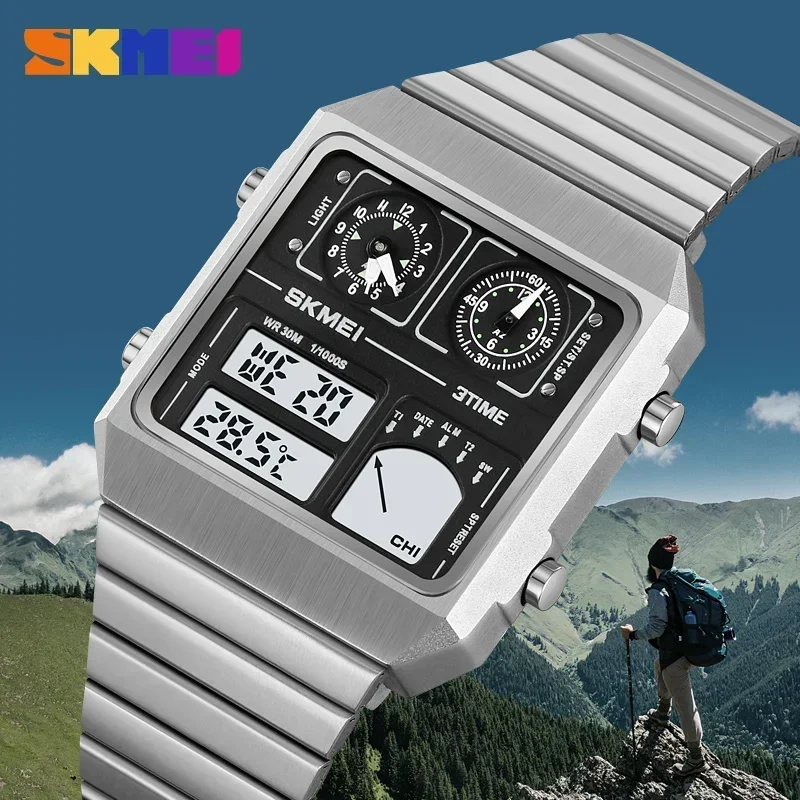 SKMEI 2198 Luxury Waterproof Sports Week Date Mens Wristwatches Alarm Stainless Steel Digital Watch Men 2033 Relógio Masculino 3