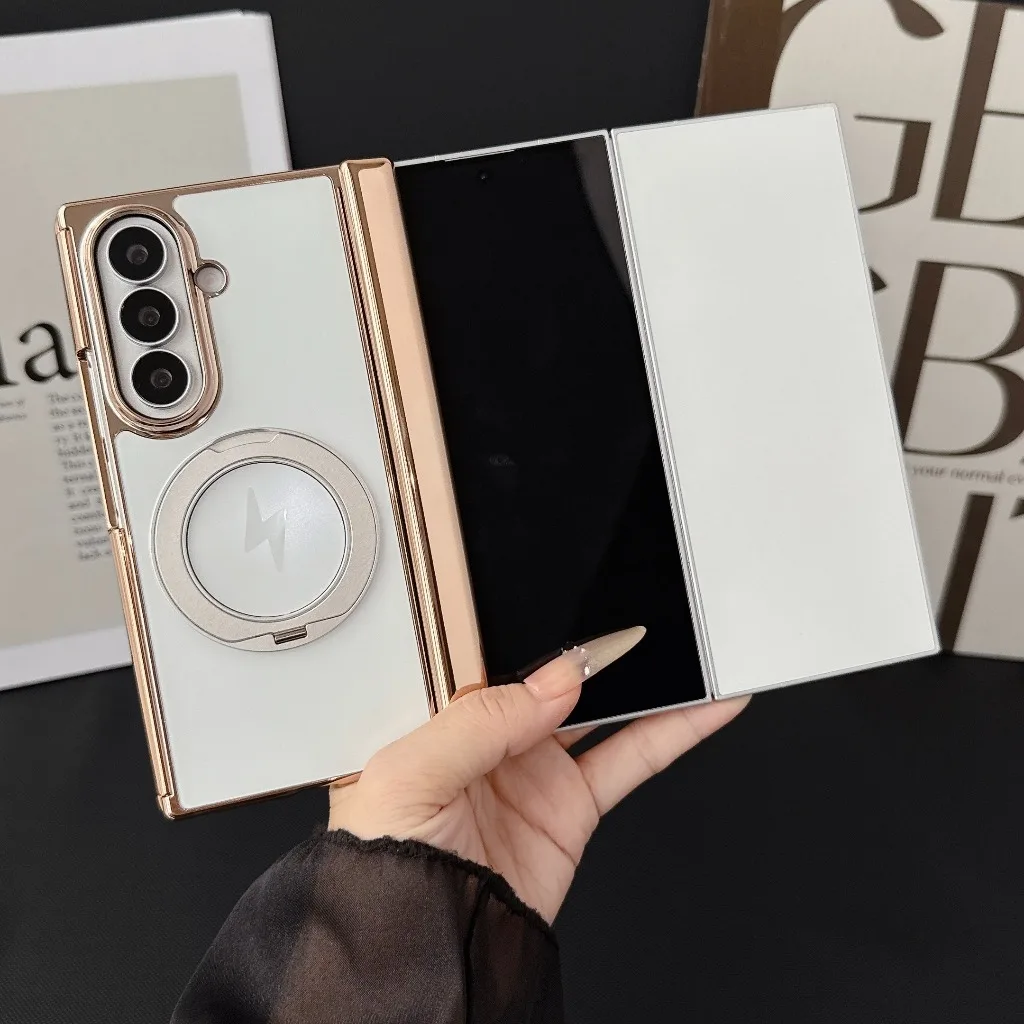 Electroplated TriFold Phone Case with 360° Ring Kickstand and Magnetic Hinge Protection