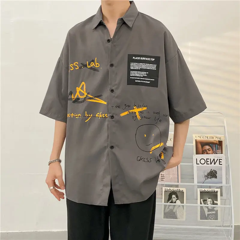 

Oversized Clothing Korean Half Shirt Harajuku Shirts Men Graffiti Men's Style Fashion Single Sleeve Breasted Spring Summer