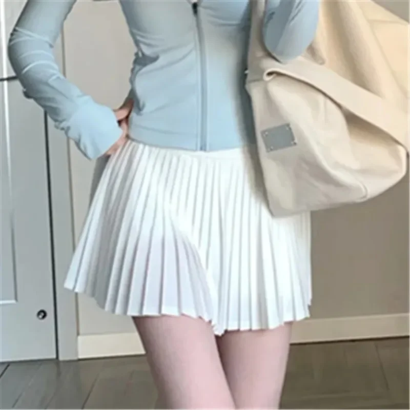 White Casual Pleated Skirts For Women Autumn Run Yoga Women's Elastic Short Skirt Street Female Solid High Waist Mini Skirts