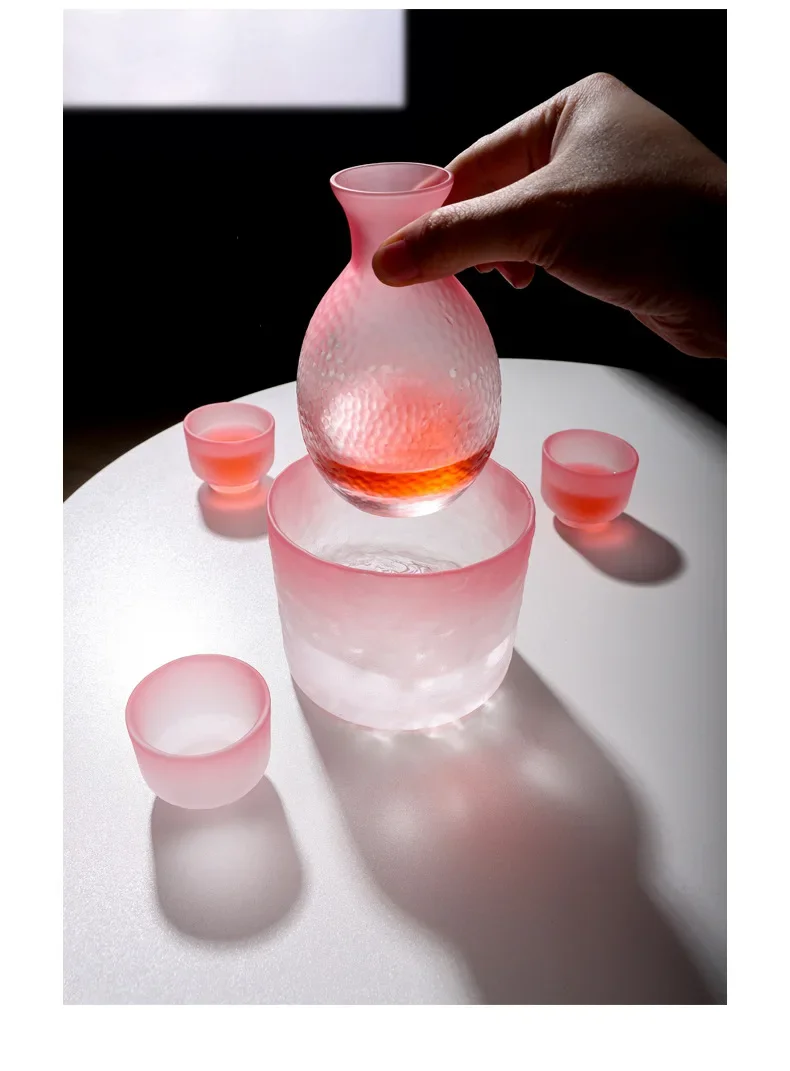 Japanese Glass Bar Sets Sake Pot Frosted Pink Wine Dispenser Chinese Baijiu Soju Shot Glass Flask Barware Kitchen Accessories
