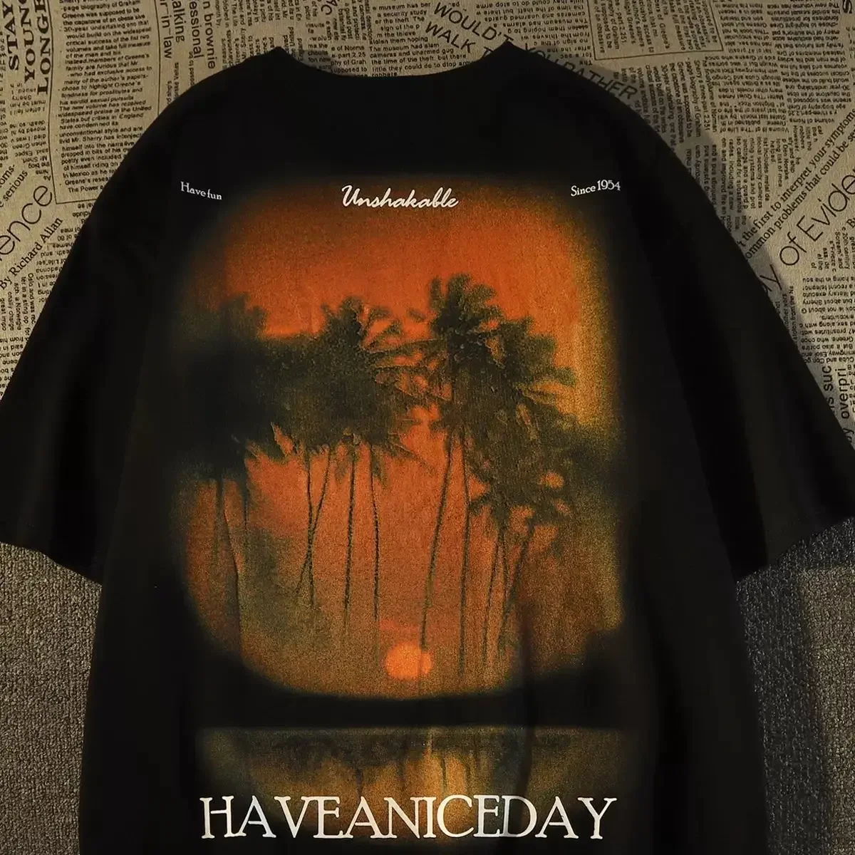 American Retro Nostalgic Landscape Printing Pure Cotton Short Sleeved Menand Womenloose and Versatile T-shirt Half Sleeved Top