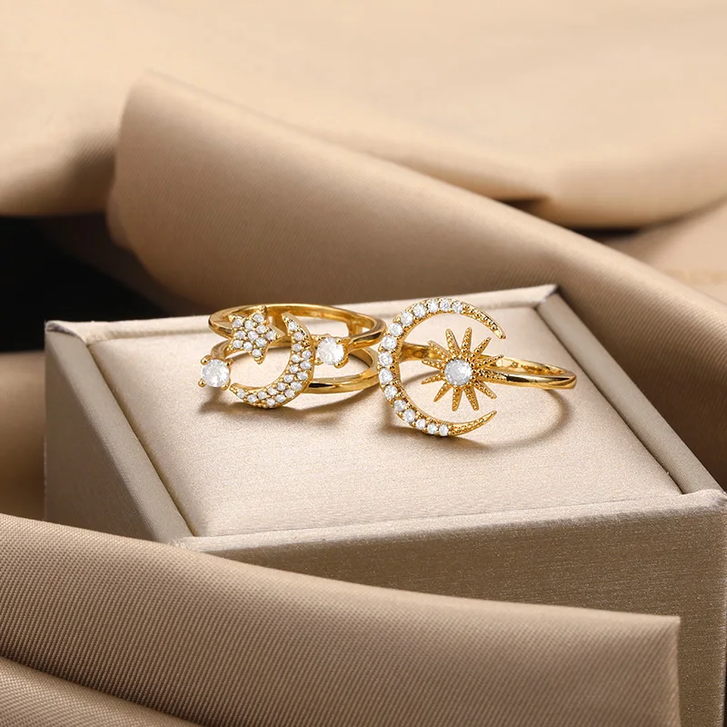 Dainty Crystal Moon and Star Rings For Women