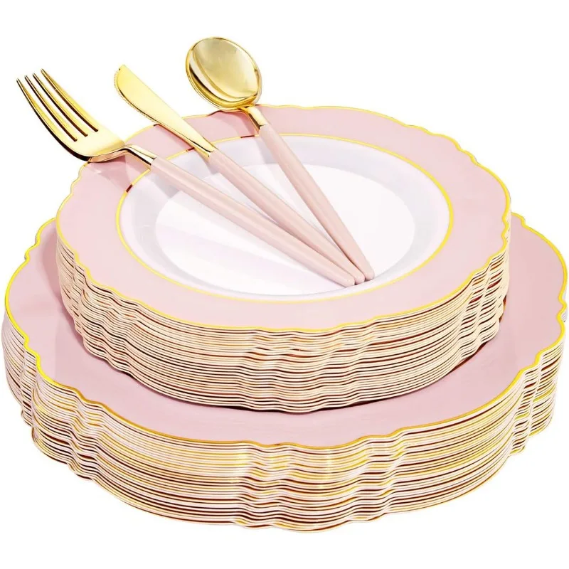 30Guest Plastic Plates Disposable-Plastic Silverware With Handle Plates Disposable for Weddings, Parties, Mother's Day