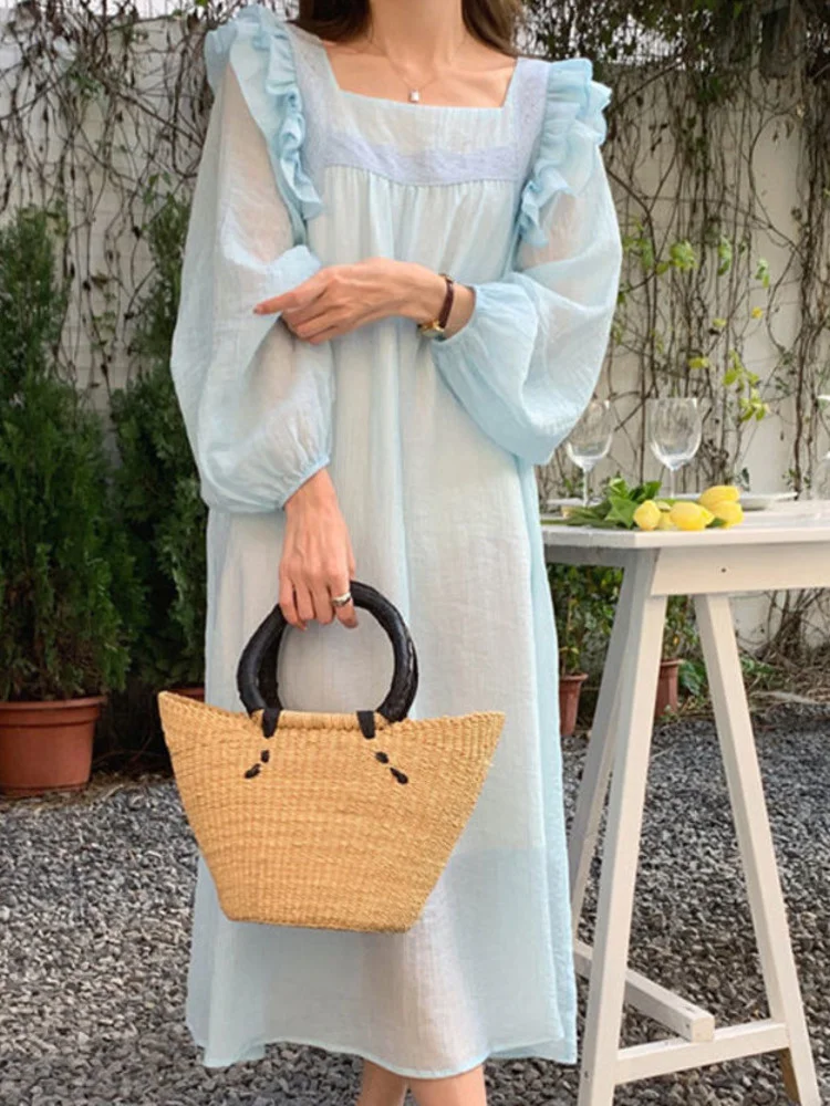 

Square Neck Lace Splicing Dress For Women Ruffle Patchwork Chiffon Dresses 2023 Spring Summer New Fashion Vestido M572