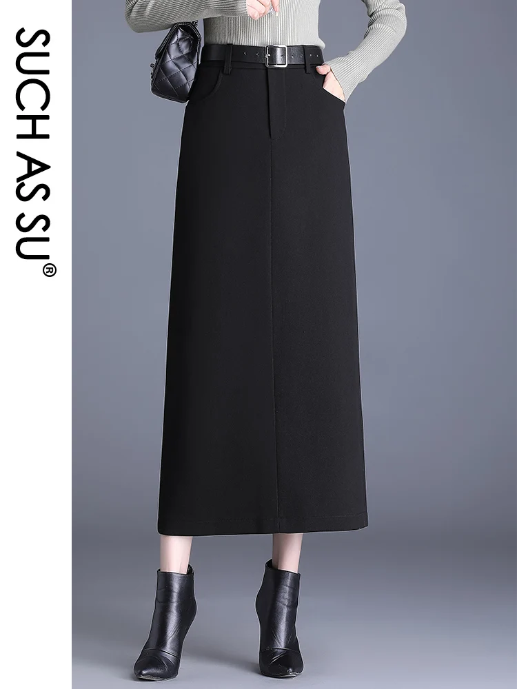 

SUCH AS SU 2023 Twill Knit Ankle-Length Skirts Women Black Grey High Waist A-Line Skirt S-3XL Plus Size Fall Winter Skirt Female