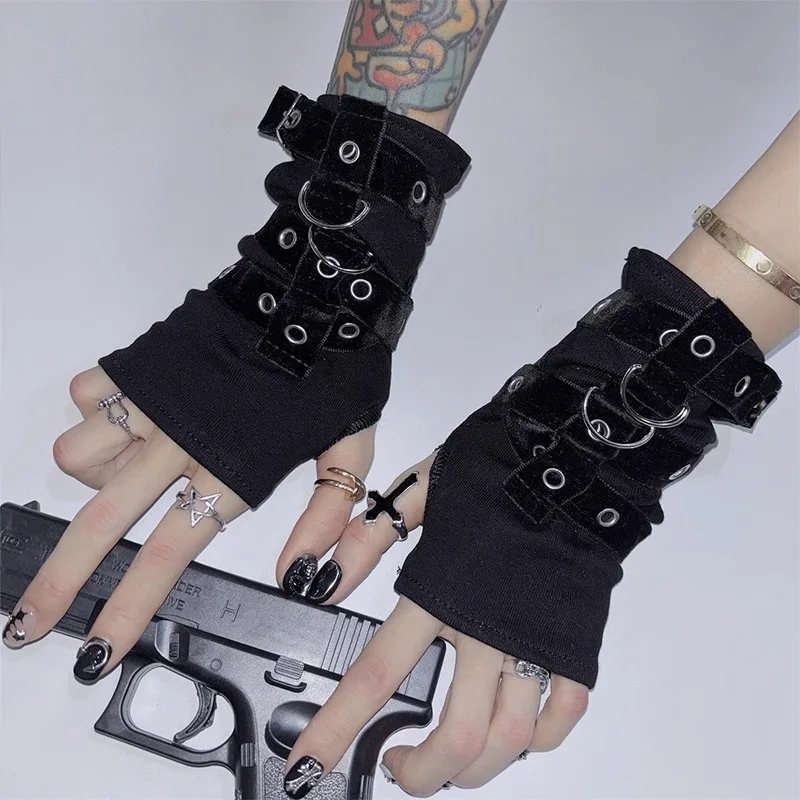 Fashion Women Half Finger Metal Buckle Gloves Rivet Punk Gothic Hip Hop Party Cosplay Dance Mitten Black Fingerless Strap Glove