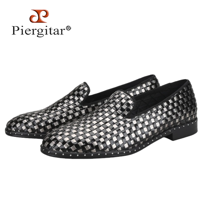 

Piergitar 2023 Black And Grey Checkerboard Patent Leather Men's Loafers For Party And Banquet Handmade Spikes Outsole Moccasins