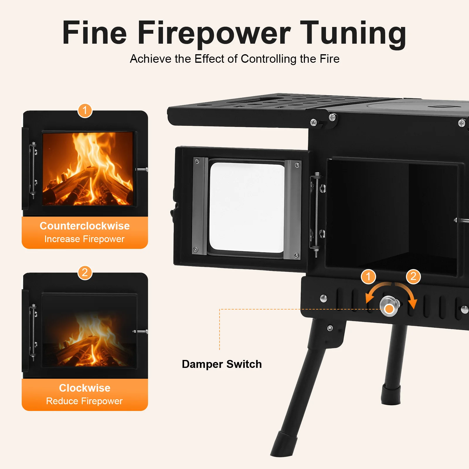 Tragbarer Holzofen Campingofen aus Kohlenstoffstahl Hitzebeständig mit Aschebehälter Sichtfenster für Outdoor-Camping Wandern BBQ – Detail 4
