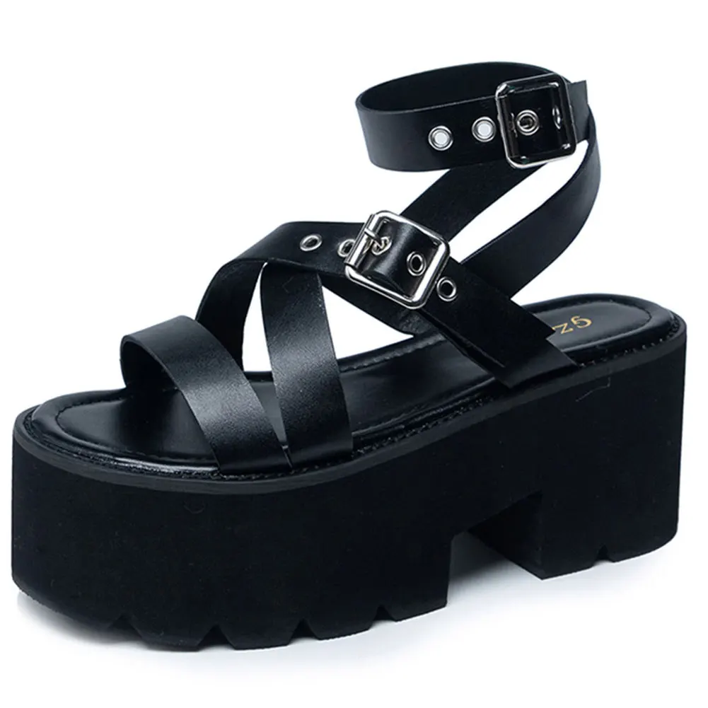 2022 Brand Leisure Chunky Platform Sandals High Block Heels Gladiator Goth Black Shoes Woman Fashion Trendy Summer Women Sandals 