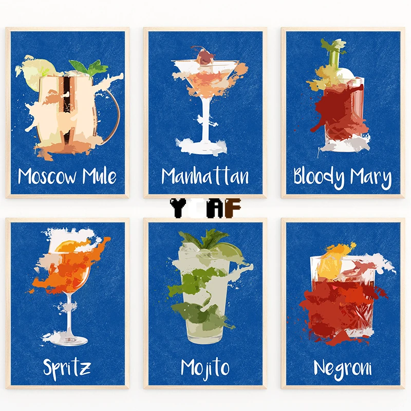 Cocktail Watercolors Style Canvas Poster Mojito Long Islanda Cocktail Home Kitchen Decor Set Bar Wall Art Prints Cocktail Art