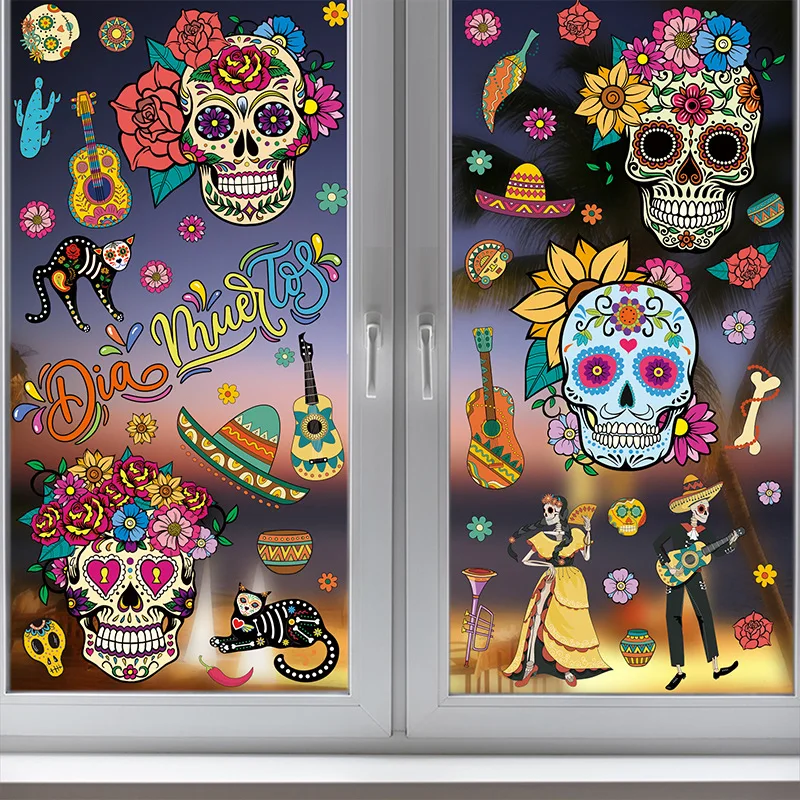 

Mexico Day of the Dead Skull Festival Atmosphere Decoration Sticker Glass Window Static Horror Happy Halloween Day Decor 2023