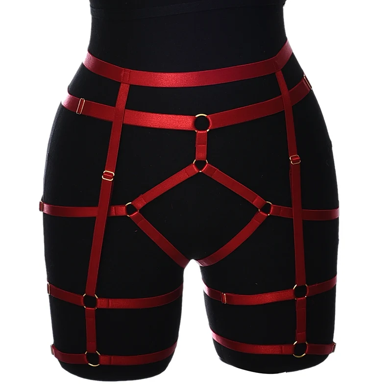 Description Picture 5 of itemWomen Purple Elastic Harness Bodysuit Sexy Bondage Lingerie Set Goth Stockings Garter Rave Adjustable Body Cage Bra Body Harness