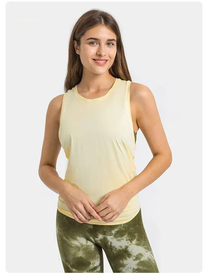 Lemon Women Solid Mesh Loose Sports Yoga Top Wear Open Back Sleeveless T Shirts Fitness Breathable Quick Drying Workout Gym Vest