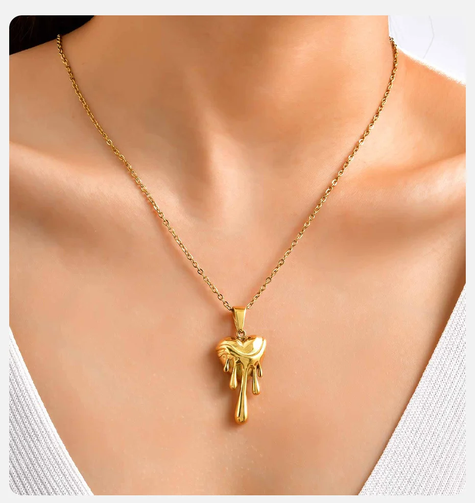 Vnox Vintage kreativer Flüssigherz-Anhänger, Statement-Halsketten aus Edelstahl für Frauen, Ohrhals-Schmuck, Geschenke für Mädchen – Detail 2
