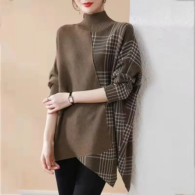 

Fashion Loose Spliced Plaid Asymmetrical Sweaters Women's Clothing 2023 Winter Oversized Casual Pullovers Batwing Sleeve Tops