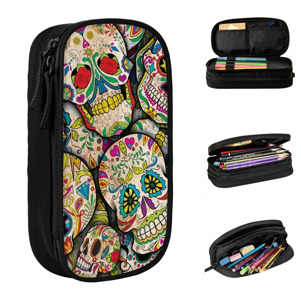 

Sugar Skull Collage Pencil Case Halloween Day Of The Dead Pencil Pouch Pen Holder Kids Big Capacity Bag School Gift Stationery
