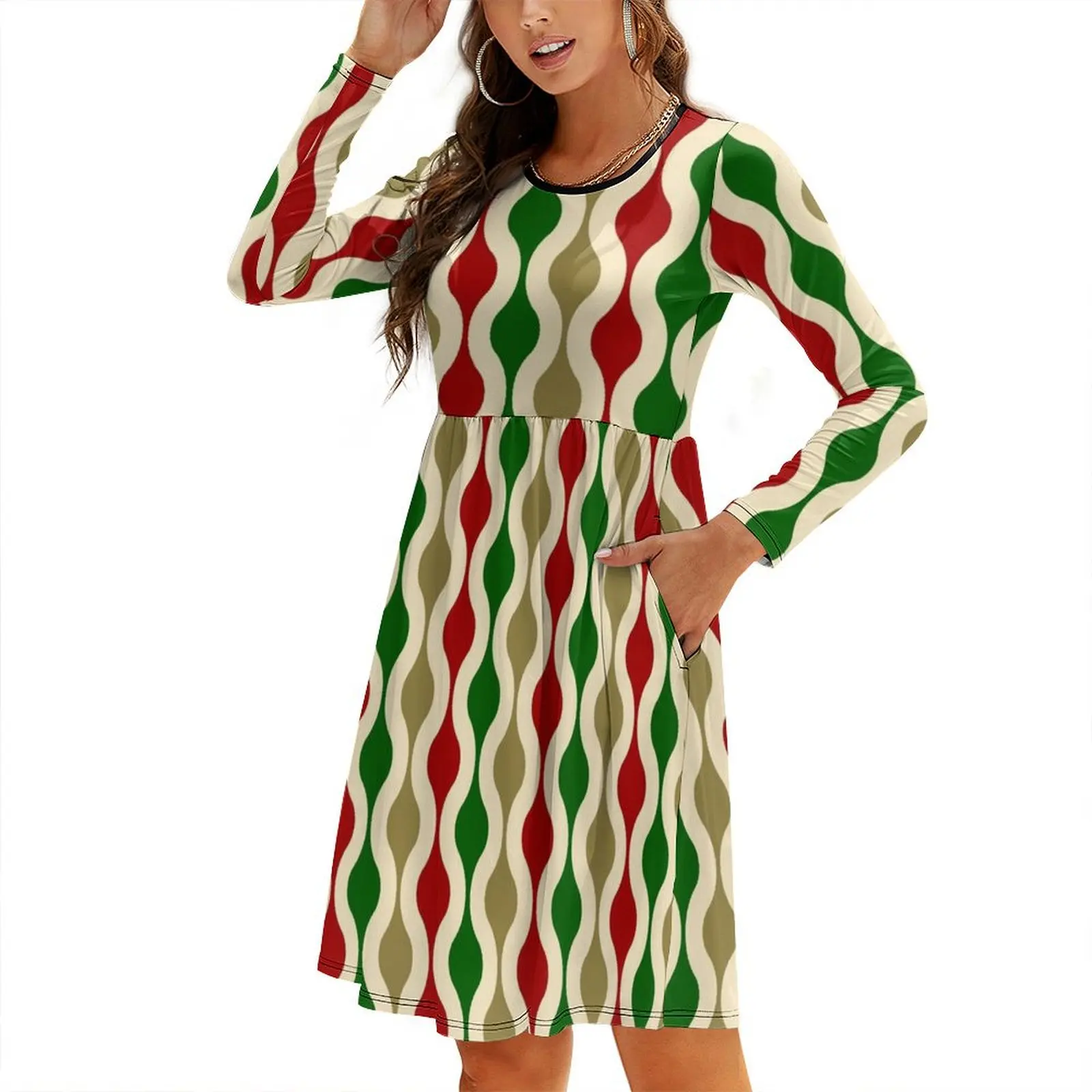 

Groovy 70's pattern Christmas colors Round Neck Baggy Dress dress women elegant luxury women long dresses