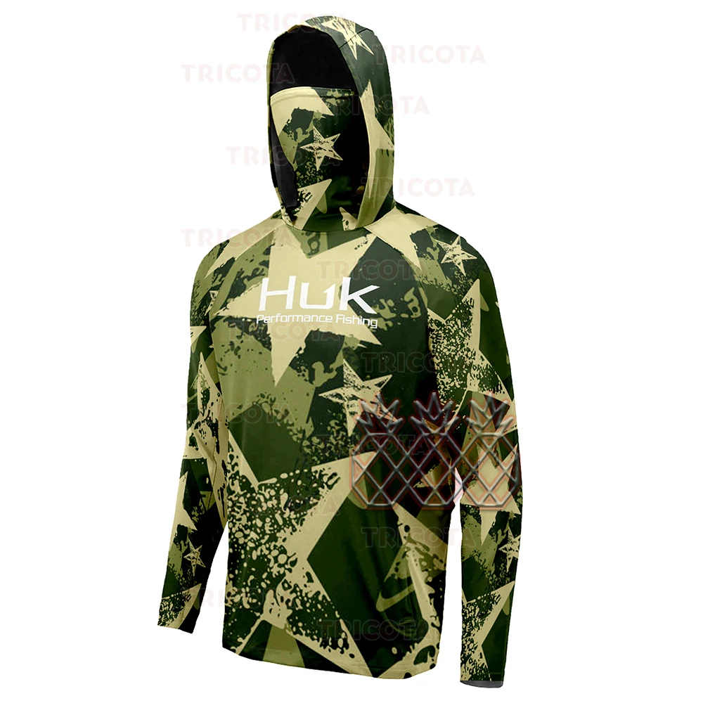 HUK Fishing Shirts UPF 50+ Men's Hooded Face Cover Fishing Clothes Summer  Long Sleeve Sun Protection Camouflage Fishing T-Shirts