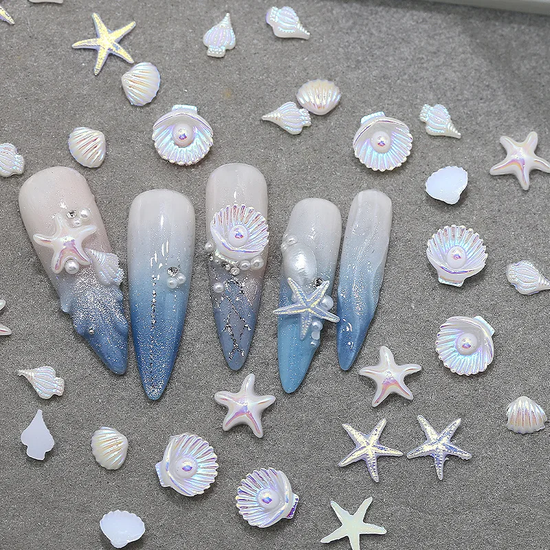 12칸 여름 바다 스타일 네일 아트 참 장식 천연 전복 조개 불가사리 불규칙 슬라이스 데코레이션 DIY 네일 액세서리