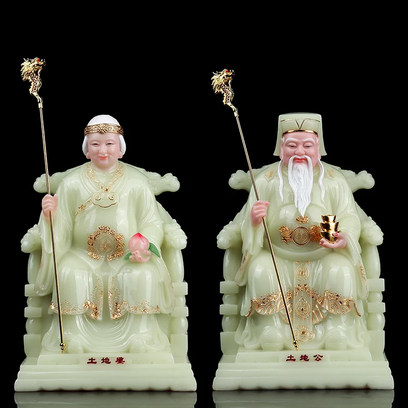 

A pair TOP gilding jade BUDDHA figure HOME shop Prosperity protection God of wealth CAI SHEN YE TU DI GONG PO FENG SHUI statue