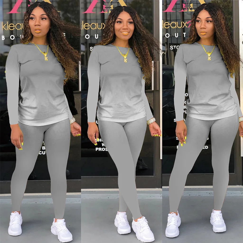 

Long Sleeve Women Tracksuit Gradient Tops and Slim Elastic Pants Spring Autumn Suit 2 Piece O Neck Set