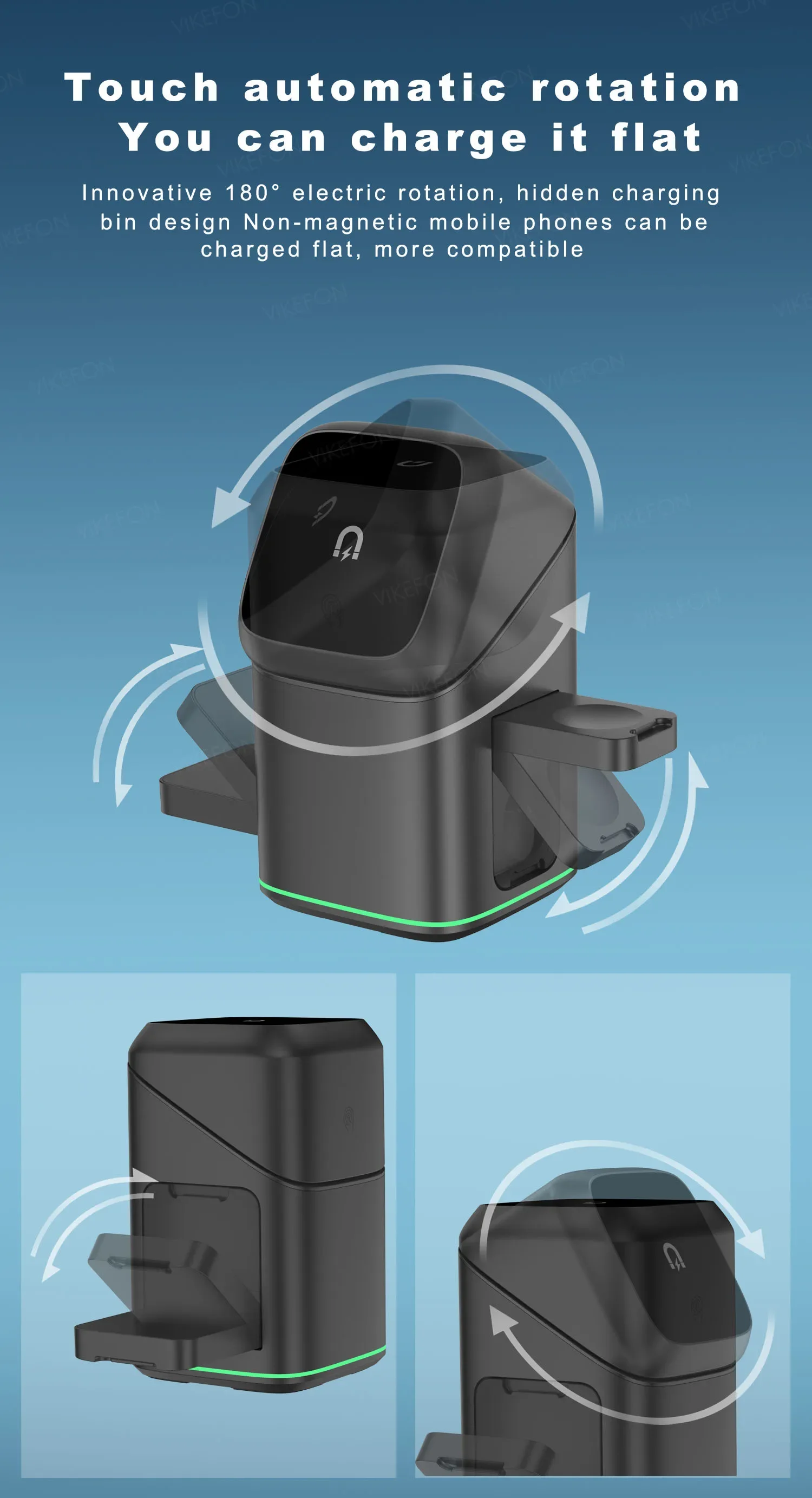 3-in-1 Electric Rotation Magnetic Wireless Charger With LED Breathing Light For Mag Safe IPhone 16 15 14 13 12 IPhone Watch Pro_voghion.com