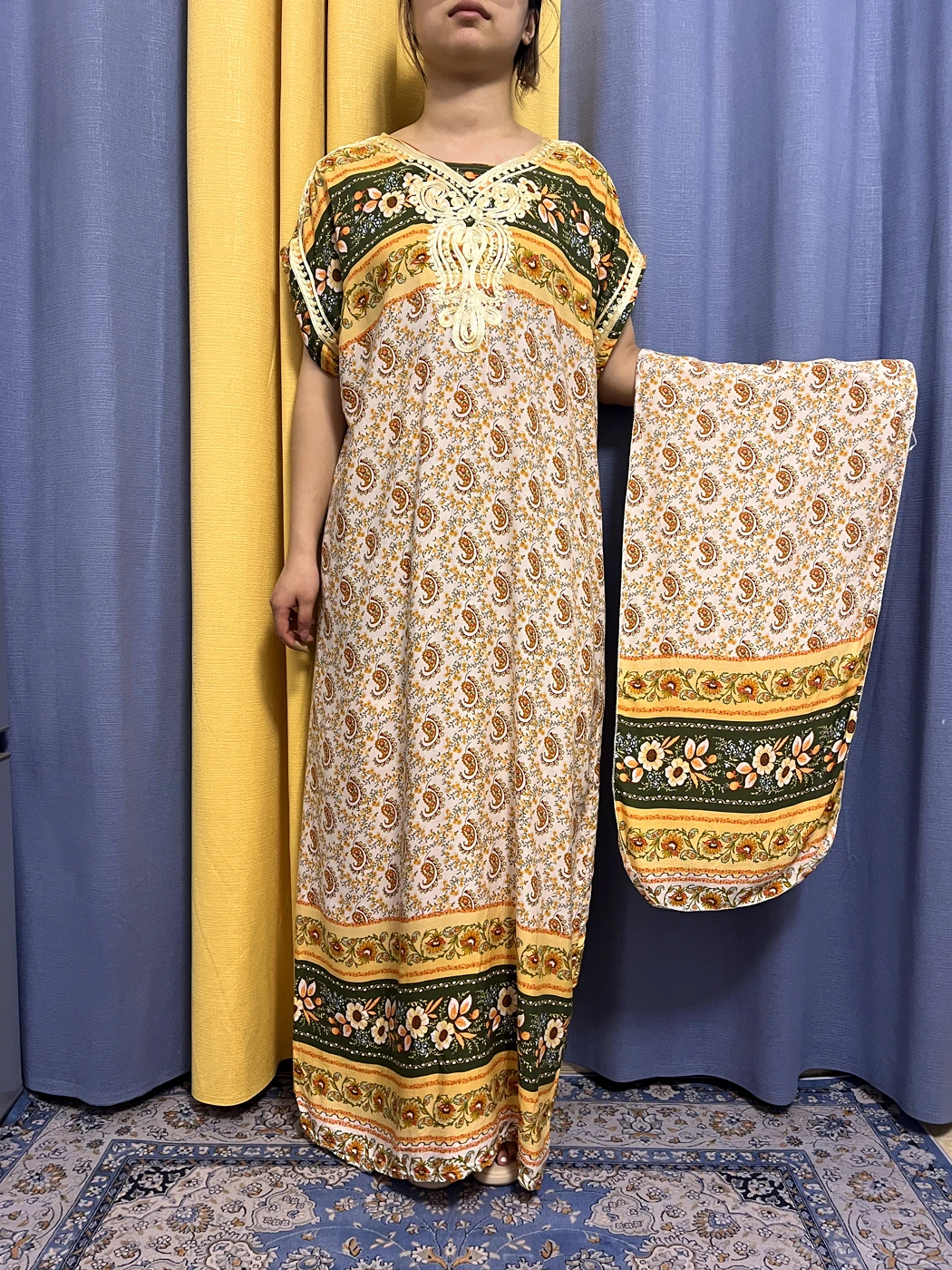 Muslim Abayas For Women 2023 Traditional Cotton Printed Short Sleeve Loose Fit Femme Robe African Floral Dresses With Turban