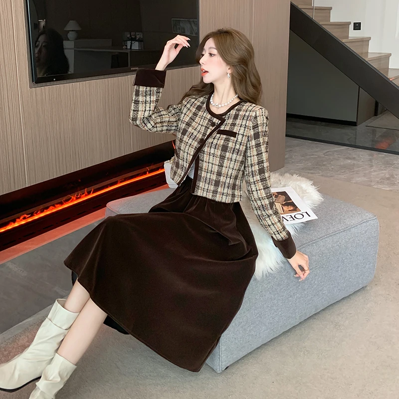 Plaid Jacket Brown Plaid Skirt Set French Vintage Small Fragrance