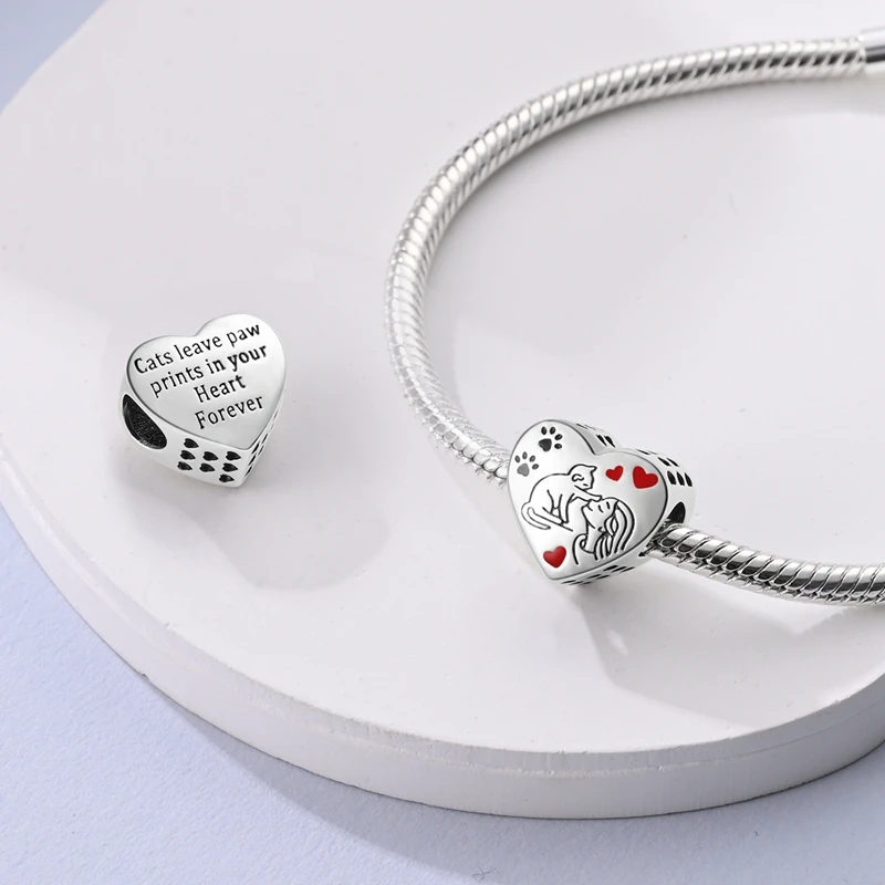 Original 925 Sterling Silber Zirkon Charms Perlen Hund Katze Liebesherz Perlen passend für Original Armband für Frauen DIY Schmuck Geschenk – Detail 6