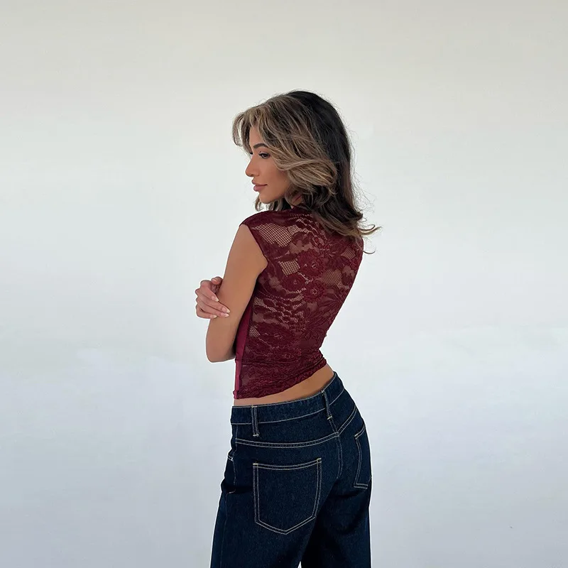 Top sexy con estampado calado Y2k para mujer, jersey transparente ajustado, recortado, con parches en contraste, ropa de calle, camiseta sin mangas para mujer