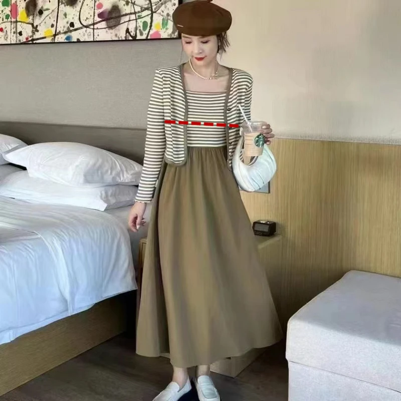 

Autumn Maternity Nursing Clothes Set Long Sleeve Striped Jacket+strap Dress Twinset Postpartum Woman Breastfeeding Dresses Suits