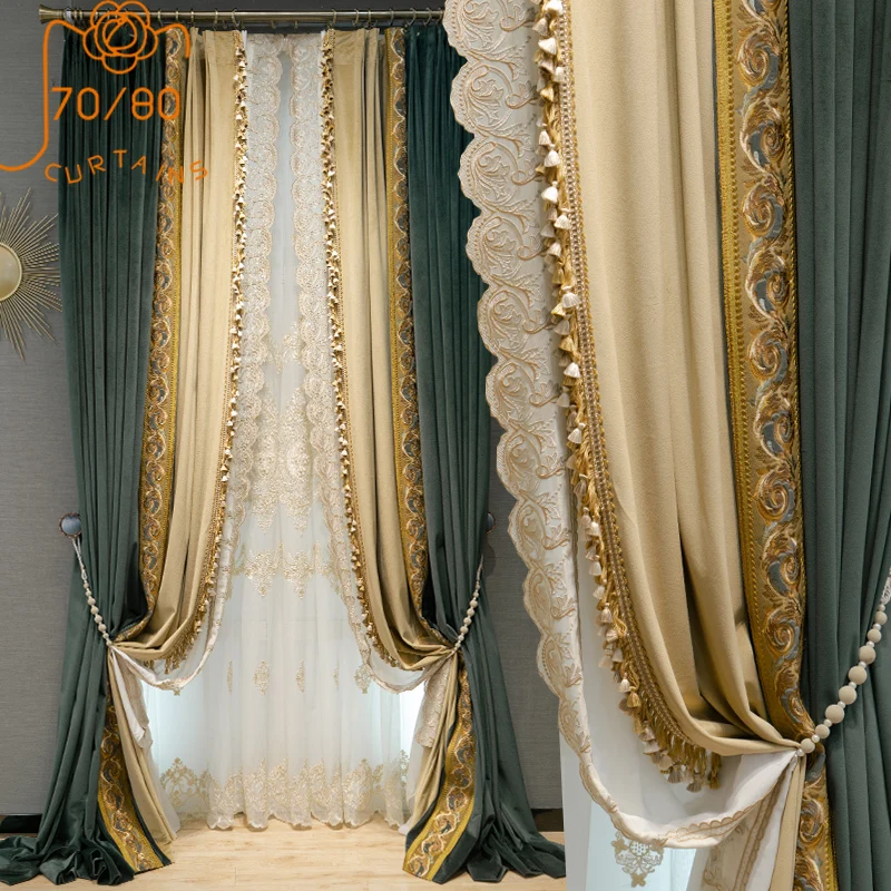 

Темно-зеленые бархатные шторы в европейском стиле с мозаичной вышивкой, кружевные шторы для гостиной, спальни, французского окна, виллы на заказ