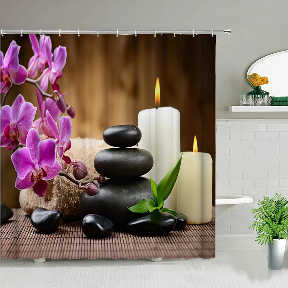 

Zen Bath Curtain Purple Flower Orchid Black Stone Tower Candle Polyester Spa Bathroom Decor Shower Curtains Buddha Bamboo Fabric