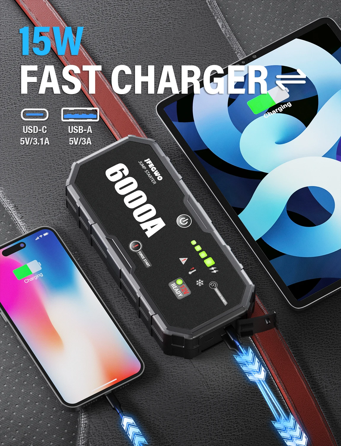 Car 6000A Portable 12V Jump Starter Power Bank 12V Auto Battery Charger Booster Emergency Starting Device For Pickup,SUV,Trucks