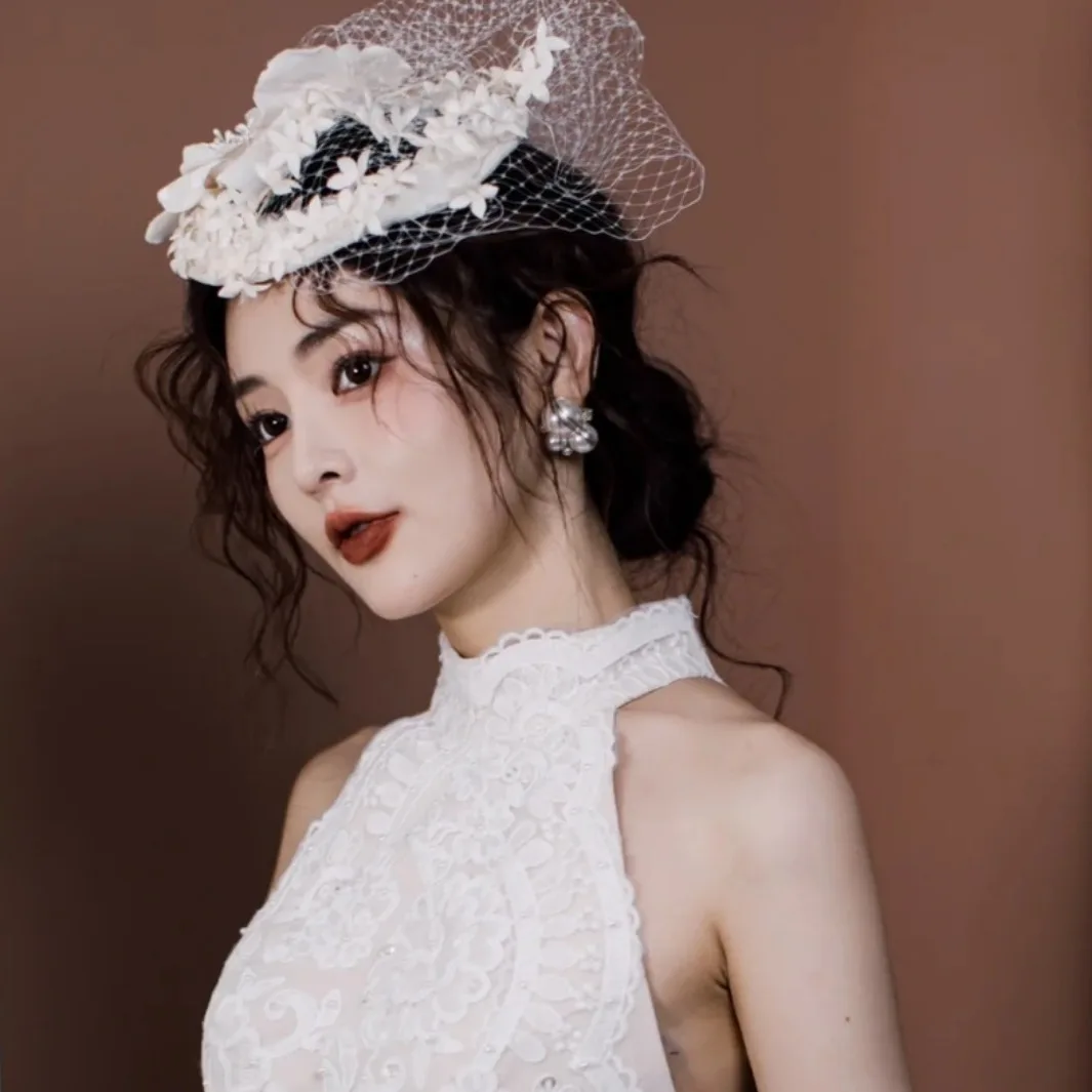 프랑스 빈티지 신부 레이스 모자 - 진주 머리띠가 있는 투각 꽃 베일 헤드피스, 조절 가능한 새장 웨딩 매혹자