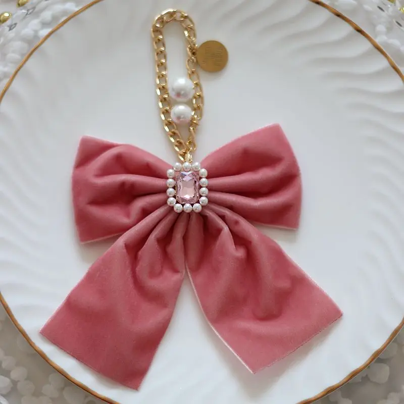 Japanese Maiden Pearl Rhinestone Bow Bag Charms Handmade Fantasy Bag Hanging Chain Pendant Lolita Women Bag Pendant