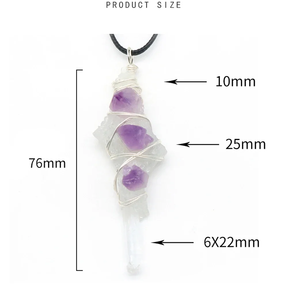 3PCS Reiki Healing Crystal Natural Stone Clear Quartz Original Stone Pillar Resin Winding Pendant Necklace Charm Necklaces