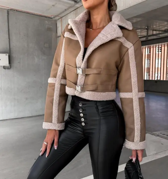 Fashion Autumn Winter Cropped Jacket for Women Short Coat Fur Integrated Long Sleeve Lapel Collar Jacket Woman New In Outerwears 2021 fast delivery new autumn fashion women’s denim jacket full sleeve loose button pearls short lapel wild leisure coat