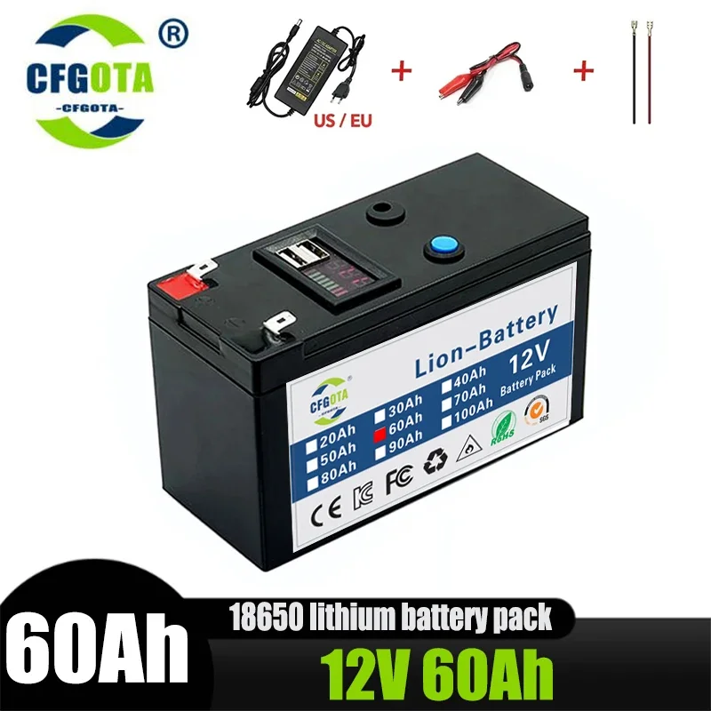 

12V 60Ah Portable Rechargeable Battery LiFePO4 Lithium Battery Built-in 5V 2.1A Usb Power Display Port Charging