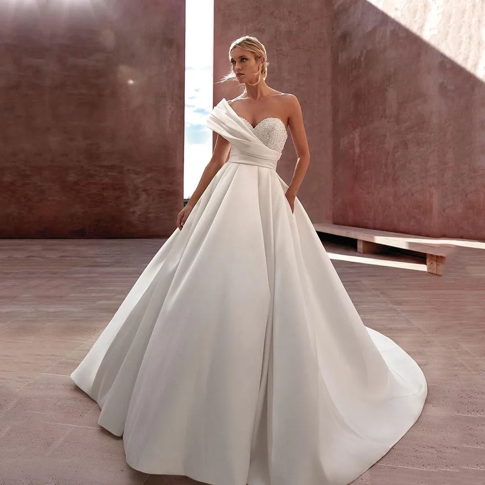 

Элегантное Атласное Свадебное Платье Msikoods 2024 для женщин ТРАПЕЦИЕВИДНОЕ ПЛАТЬЕ на одно плечо с бусинами и открытой спиной в стиле бохо для невесты