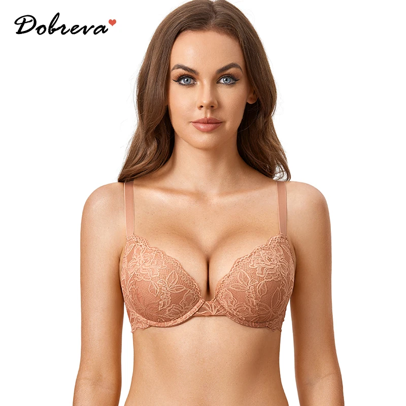 

DOBREVA Women's Push Up Lace Bra Underwire Plunge Padded Full Coverage Bras Sexy Plus Size Support